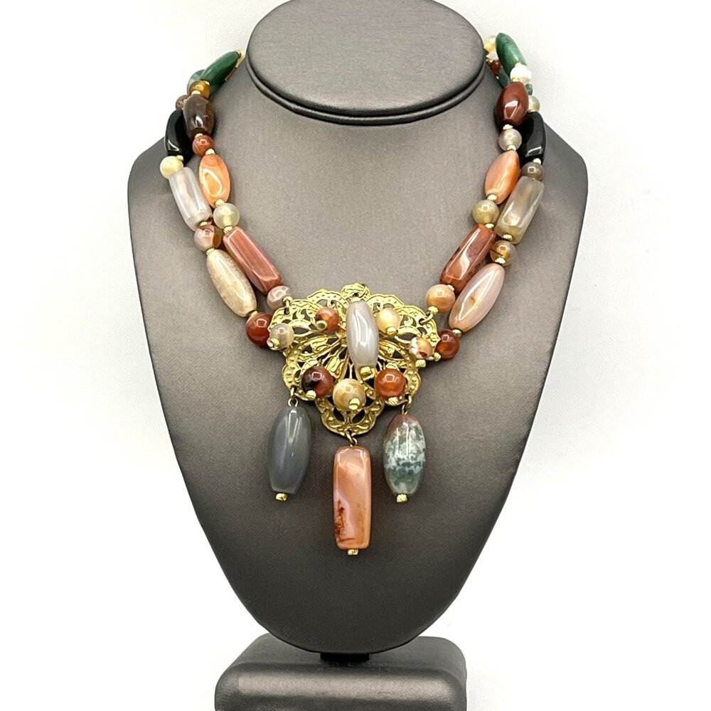 Vintage Accessocraft NYC Statement Natural Agate Stone Bead Necklace 17"